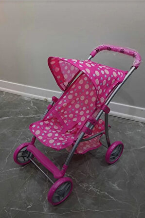 4 Tekerlekli Metal İskeletli Katlanabilir Puantiye Desenli Çocuk Oyuncak Bebek Arabası Puset - 55 CM