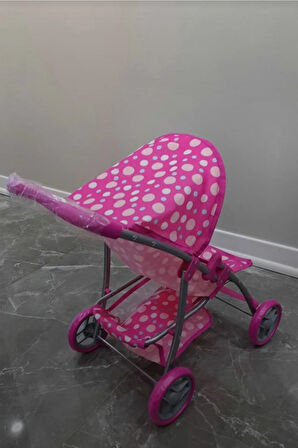 4 Tekerlekli Metal İskeletli Katlanabilir Puantiye Desenli Çocuk Oyuncak Bebek Arabası Puset - 55 CM