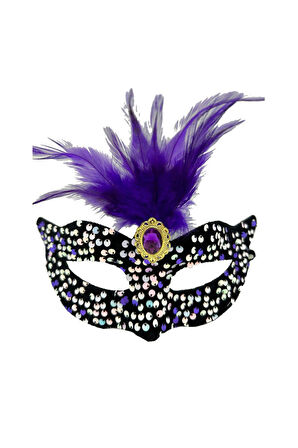 Siyah Kadife Üzeri Rengarenk Payetli Pullu Mor Tüylü Mor Taşlı Parti Maskesi 19x21 cm
