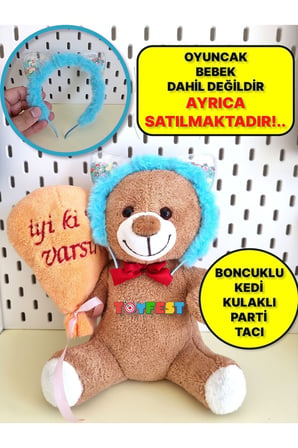 Rengarenk Boncuklu Kedi Kulaklı Peluş Parti Tacı - Turkuaz - Oyuncak Bebek Dahil Değildir