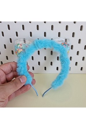 Rengarenk Boncuklu Kedi Kulaklı Peluş Parti Tacı - Turkuaz - Oyuncak Bebek Dahil Değildir