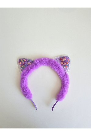 Rengarenk Boncuklu Kedi Kulaklı Peluş Parti Tacı - Lila - Oyuncak Bebek Dahil Değildir