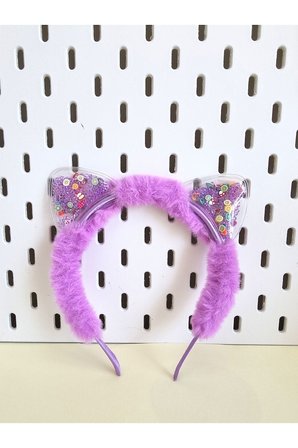 Rengarenk Boncuklu Kedi Kulaklı Peluş Parti Tacı - Lila - Oyuncak Bebek Dahil Değildir