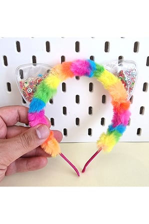 Rengarenk Boncuklu Kedi Kulaklı Peluş Parti Tacı - Gökkuşağı -  Oyuncak Bebek Dahil Değildir