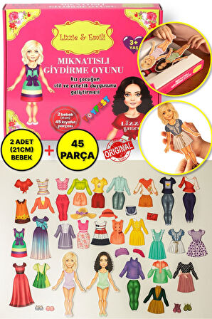 Lizzy Games Mıknatıslı Kız Giydirme Eğitici Oyun Seti - 2 Model Bebek 21 CM + 45 Parça Kıyafet Aks.
