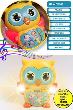 Hayvan Sesleri Çıkaran Işıklı Müzikli Baykuş Modelli İnteraktif Bebek Eğitici Tuşlu Oyuncak - Sarı