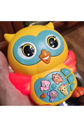 Hayvan Sesleri Çıkaran Işıklı Müzikli Baykuş Modelli İnteraktif Bebek Eğitici Tuşlu Oyuncak - Sarı