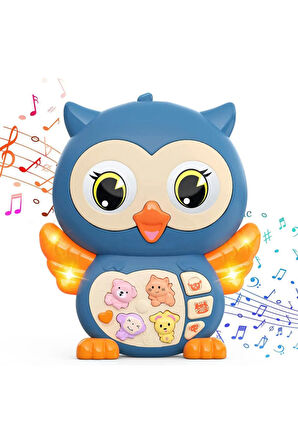 Hayvan Sesleri Çıkaran Işıklı Müzikli Baykuş Modelli İnteraktif Bebek Eğitici Tuşlu Oyuncak - Mavi
