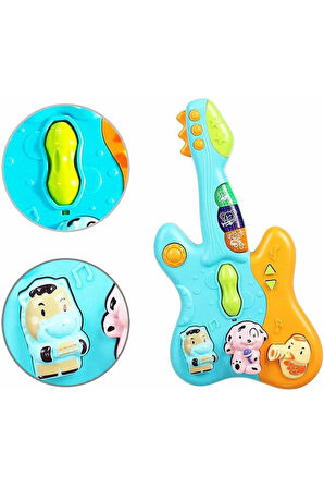 Hayvan Sesleri Çıkaran Işıklı Ninnili Müzikli Gitar İnteraktif Bebek Eğitici Tuşlu Oyuncak - Mavi