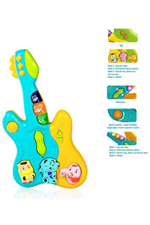 Hayvan Sesleri Çıkaran Işıklı Ninnili Müzikli Gitar İnteraktif Bebek Eğitici Tuşlu Oyuncak - Mavi