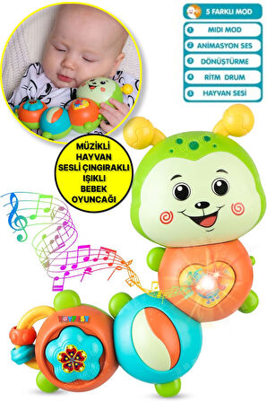 Çıngıraklı Işıklı Ninnili Müzikli Tırtıl Şekilli İnteraktif Bebek Eğitici Tuşlu Oyuncak - Yeşil