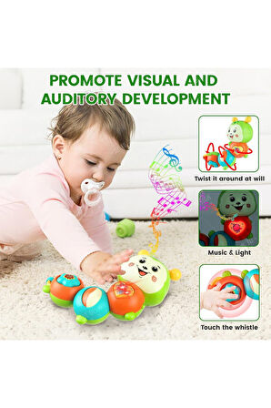 Çıngıraklı Işıklı Ninnili Müzikli Tırtıl Şekilli İnteraktif Bebek Eğitici Tuşlu Oyuncak - Yeşil