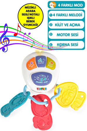 Araba Sesleri Çıkaran Işıklı Ninnili Müzikli Anahtarlık İnteraktif Bebek Eğitici Tuşlu Oyun - Beyaz
