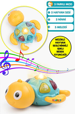 Deniz Canlıları Sesi Çıkaran Işıklı Müzikli Kaplumbağa İnteraktif Bebek Eğitici Tuşlu Oyuncak Sarı