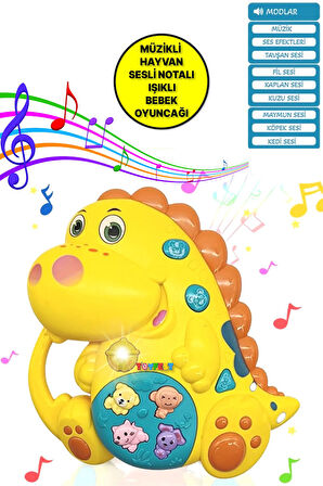 Hayvan Sesleri Çıkaran Tuşlu Işıklı Notalı Ninnili Müzikli Dinazor İnteraktif Bebek Eğitici - Sarı