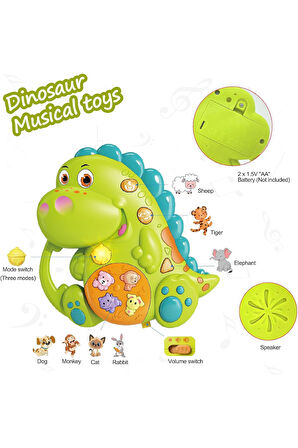 Hayvan Sesleri Çıkaran Tuşlu Işıklı Notalı Ninnili Müzikli Dinazor İnteraktif Bebek Eğitici - Yeşil