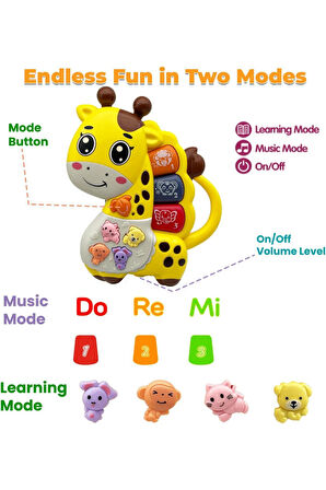 Hayvan Sesleri Çıkaran Tuşlu Işıklı Notalı Ninnili Müzikli Zürafa İnteraktif Bebek Eğitici - Sarı