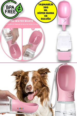 Taşınabilir Mama Hazneli Evcil Hayvan Suluğu Seyahat Kabı Kilitlenebilen Su Sızdırmaz 380ML - Pembe
