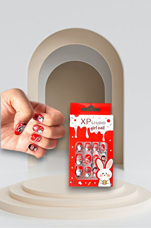 12 li Yapışkan Stickerlı Renkli Baskılı Çocuk Takma Tırnak Oyuncak Seti - 5- 14 Yaş Arası - Model 49