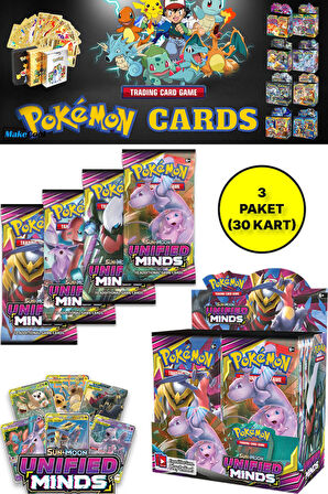 Pokemon Oyun Kartı TCG Sun & Moon Unified Minds Booster Pack - 3 Paket (30 KART)