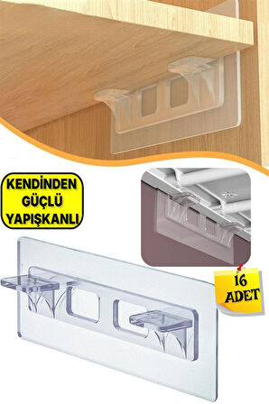 Kuvvetli Yapışkanlı Şeffaf Raf Tutacağı Ayağı 16 lı Destek Aparatı
