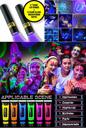 2 ADET UV Mor Işıklı Fener + Loş Işıkta Parlayan Neonlu Glow Parti Yüz Boyası 6 Renk - 6 Adet