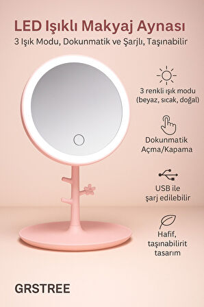 LED Işıklı Makyaj Aynası - 3 Işık Modu, Dokunmatik ve Şarjlı, Taşınabilir