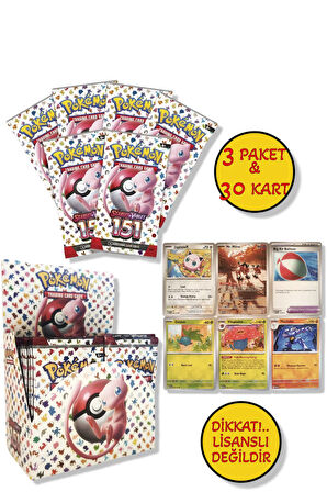 3 Paket (30 KART) Lisanssız Pokemon Oyun Kartı Tcg Scarlet & Violet 151 Booster Pack