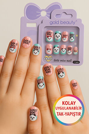Panda Temalı 12 li Yapışkan Stickerlı Kendi Çantasında Çocuk Takma Tırnak Seti- 5- 14 Yaş Arası