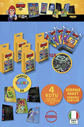 Brawl Stars Panini Resmi Kart Kutusu: 4 Kutu (120 Kart + 12 Limited Edition Kart)