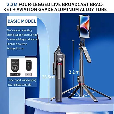 Bluetooth Uzaktan Kumandalı 2.2M Uzatılabilir Tripod Selfie Çubuğu 360 Derece Dönebilen Başlık