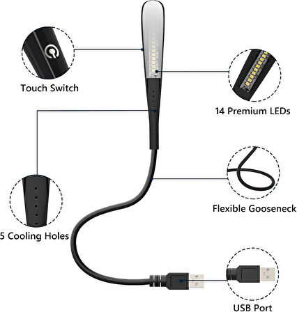 Bilgisayar Usb Led Okuma Lambası 14 Led 3 Kademe Dokunmatik Kısılabilir Işık 360° Esnek Kuğu Boynu