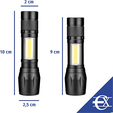 USB Şarjlı Zoomlu LED El Feneri Yan Çalışma Lambalı Su Geçirmez Mini El Feneri