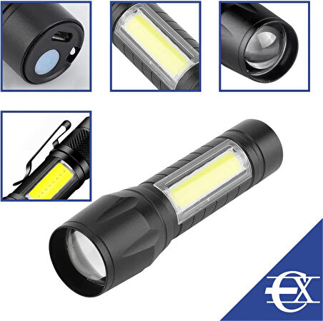 USB Şarjlı Zoomlu LED El Feneri Yan Çalışma Lambalı Su Geçirmez Mini El Feneri