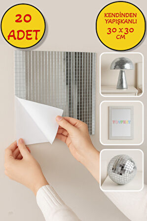 20’li Kendinden Yapışkanlı Silver Ayna Mozaik Disco Sticker Duvar Eşya Dekoratif Kaplama 30x30 cm