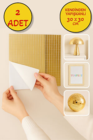 2’li Kendinden Yapışkanlı Gold Ayna Mozaik Disco Sticker Duvar Çerçeve Eşya Dekoratif Kaplama 30x30