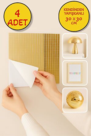 4’lü Kendinden Yapışkanlı Gold Ayna Mozaik Disco Sticker Duvar Çerçeve Eşya Dekoratif Kaplama 30x30