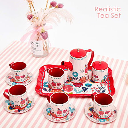 Çiçek Desenli Metal Çay Seti 12 Parça – Çocuklar İçin Renkli Oyun Çay Servis Takımı - Kırmızı