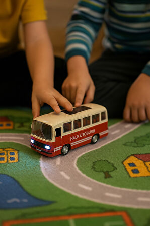 Nostaljik Halk Otobüsü 11 Cm Pilli Sesli Işıklı Kapısı Açılır Yumuşak Tekerlekli - Kırmızı