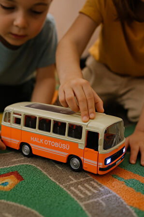 Nostaljik Halk Otobüsü 11 Cm Pilli Sesli Işıklı Kapısı Açılır Yumuşak Tekerlekli - Turuncu