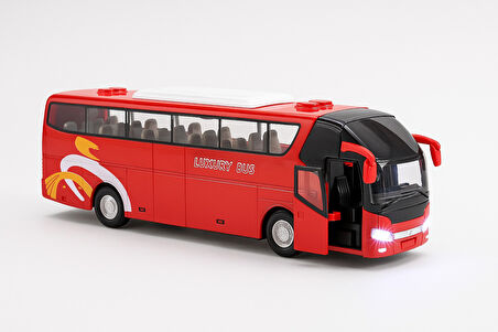 Lüks Işıklı Sesli Kapıları ve Bagajı Açılan Yumuşak Lastikli Tur Tatil Otobüsü 15 cm - Kırmızı