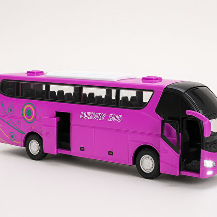 Lüks Işıklı Sesli Kapıları ve Bagajı Açılan Yumuşak Lastikli Tur Tatil Otobüsü 15 cm - Pembe