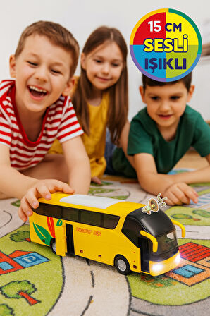 Lüks Işıklı Sesli Kapıları ve Bagajı Açılan Yumuşak Lastikli Tur Tatil Otobüsü 15 cm - Sarı