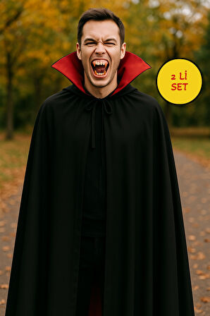 Cadılar Bayramı Halloween Kostüm Partisi Vampir Kan Emici Kont Drakula Pelerin+Takma Diş Kostüm Seti