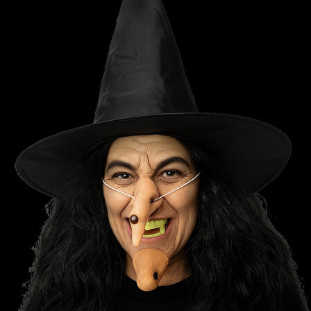 Cadılar Bayramı Halloween Cadı Kostüm Seti Şapka Burun Çene Tırnaklar ve Diş 14 Parça