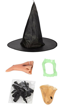 Cadılar Bayramı Halloween Cadı Kostüm Seti Şapka Burun Çene Tırnaklar ve Diş 14 Parça