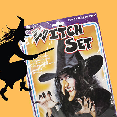 Cadılar Bayramı Halloween Cadı Kostüm Seti Şapka Burun Çene Tırnaklar ve Diş 14 Parça