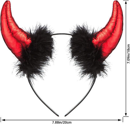 Kırmızı Şeytan Parlak Peluş Boynuzlu Tüy Detaylı Taç – Cadılar Bayramı Kostüm Aksesuarı