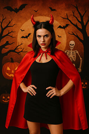 Kırmızı Şeytan Pelerini 120 cm ve Boynuzlu Taç – Halloween Kostüm Seti