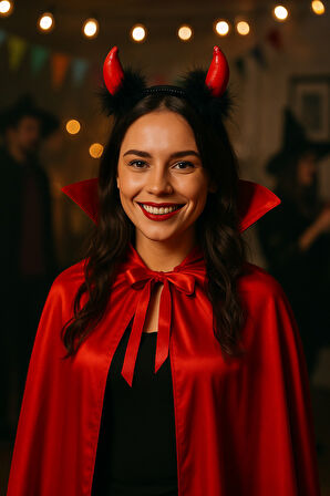 Kırmızı Şeytan Pelerini 120 cm ve Boynuzlu Taç – Halloween Kostüm Seti